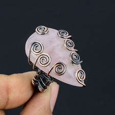 Rose Quartz Gemstone Handmade Copper Wire Wrap Jewelry Ring Size 9.5 M441