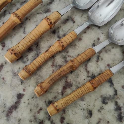 SET OF 8 VTG Grapefruit Spoons MCM Bamboo Handle Serrated Stainless Japan - Picture 7 of 17