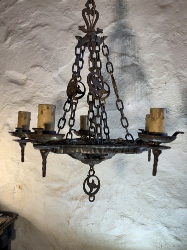 1930 Spanish Revival Dog Head Chandelier By TC Virden 5 Light Cast Iron