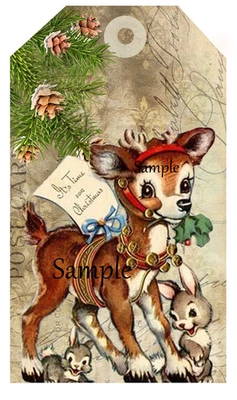 Vintage Christmas Santa Deer Reindeer Pine Bunny 2 x Jumbo Size Gift Tag Card - image 1 of 3