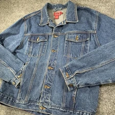 Chaps Jean Jacket Mens Large Blue Denim Trucker Type III Styled Distressed Biker