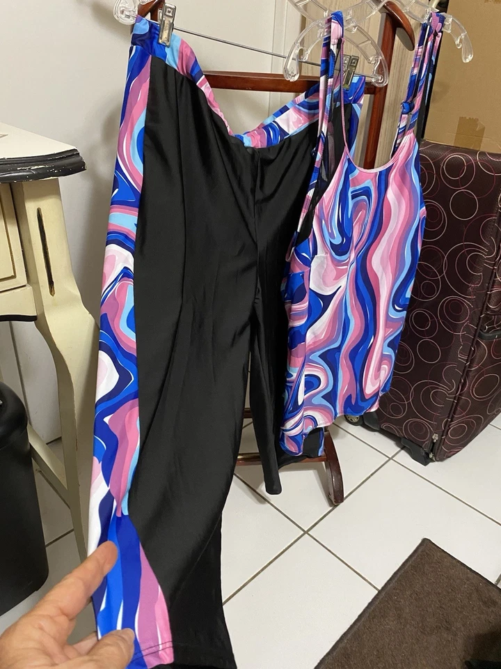Traje de baño Tankini 2 piezas geométrico colorido rosa, azul negro pantalones capris talla 2X Foto 4 de 4