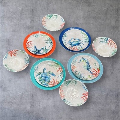 Melamine Sea Life 12pc Dinnerware Set Turtle Crab Starfish Seahorse Plates Bowls