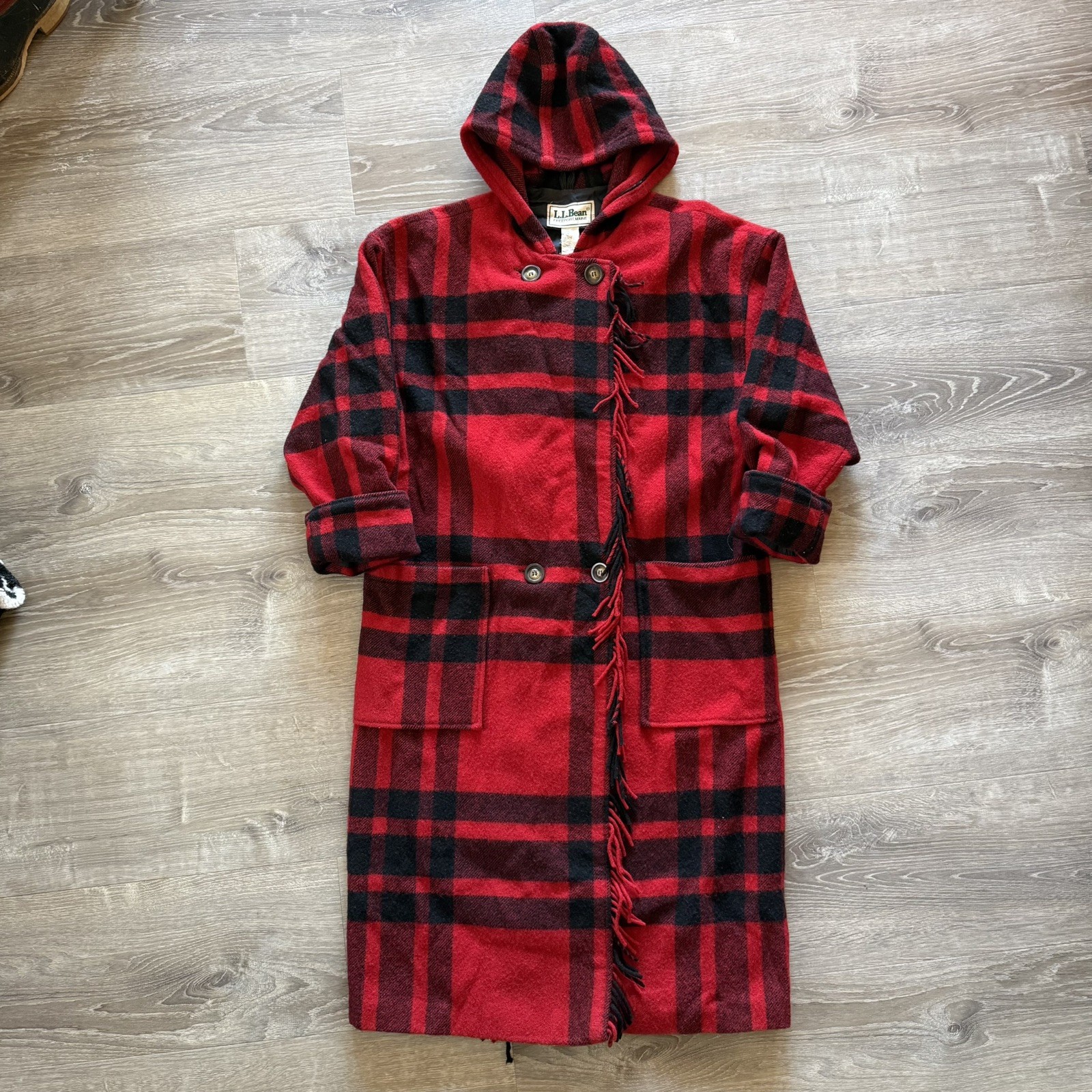 Vintage LL Bean Womens Medium Long Red Wool Plaid Coat with Fringe