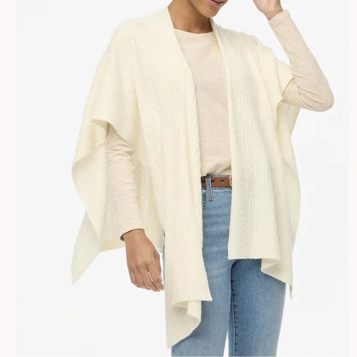 J Crew Lightweight Cable Knit Poncho in Ivory One Size Wrap Shawl Open Cardigan