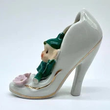 Vintage Japan Elf Pixie in High Heel Shoe Figurine with Pink Flowers