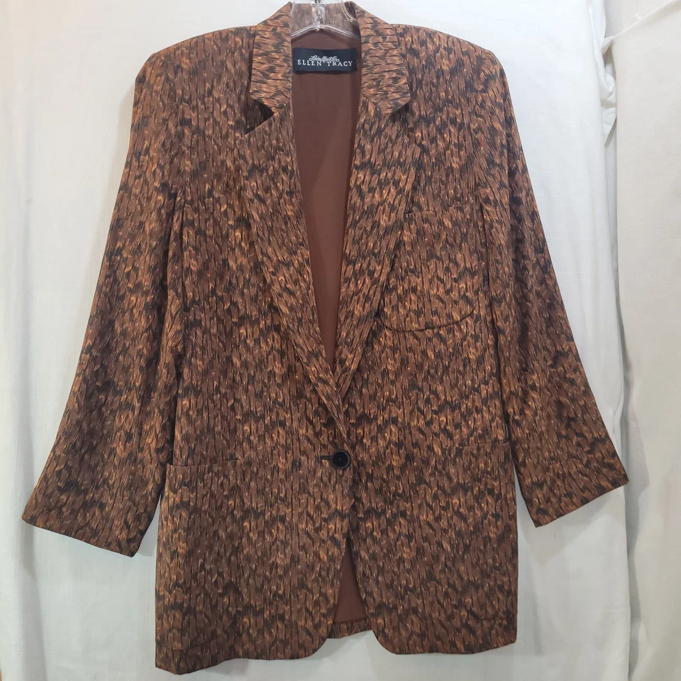 Ellen Tracy 100% шелк Blazer куртка Sz 4 коричневый черный печать наплечные подушечки винтажный - Изображение 2 из 4