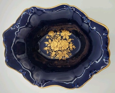 VTG Lys Royal Limoges France Bleu de Feu Cobalt Blue Gold Floral Bowl Hand Paint