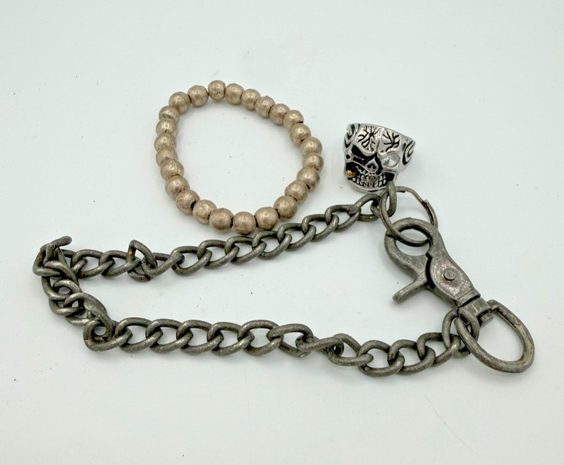 Lot of 3 Metal Jewelry Pieces Skull Ring Metal Bracelet Wallet Chain