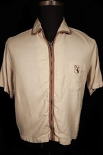 Vintage 1950's Brown Two Tone Rayon Zipper Front Gabardine Shirt Size Medium