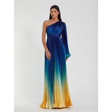 Mac Duggal 49903 Blue Pleated Charmeuse One Shoulder Ombre Gown Size 4P NWT