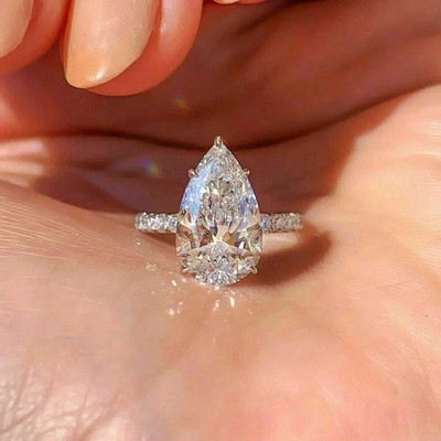 4Ct Pear Cut Lab Created Diamond Solitaire Engagement Ring 14K White Gold Plated