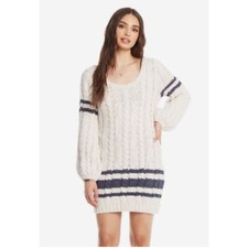 NWT CHASER Cream Navy Blue Stripe Cable Knit Balloon Sleeve Mini Dress Medium