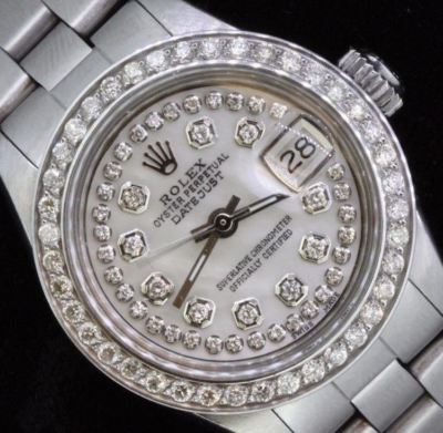 Rolex Ladies Date Datejust Oyster Stainless Steel Diamond Dial Bezel Watch