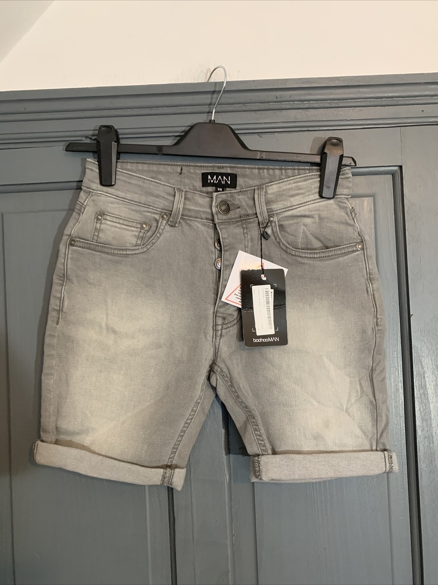 Boohoo Man Stretch Skinny Fit Grey Denim Shorts size 28 BNWT