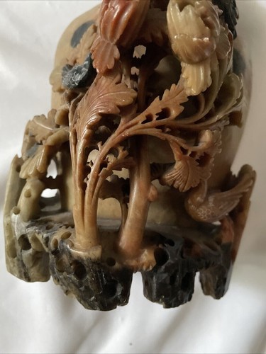 Vintage Chinese Natural Soapstone Ornate Carving Flower Vase 6"x6" Hand Carved - Picture 21 of 24