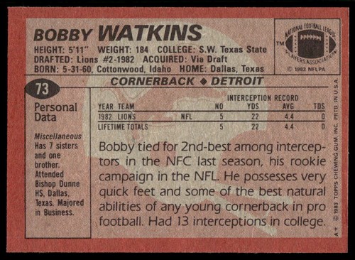 Bobby Watkins 1983 Topps #73 Detroit Lions - Picture 2 of 2
