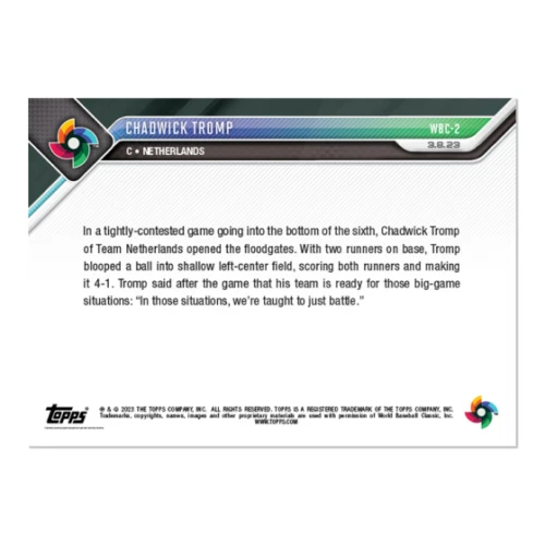 2023 Topps NOW WORLD BASEBALL CLASSIC 2 WBC-2 CHADWICK TROMP NETHERLANDS - Image 2 of 2