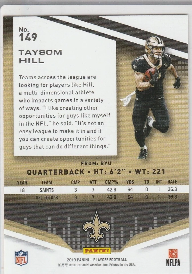 TAYSOM HILL NEW ORLEANS SAINTS Panini Playoff Football Card NO RES! - Image 2 of 2