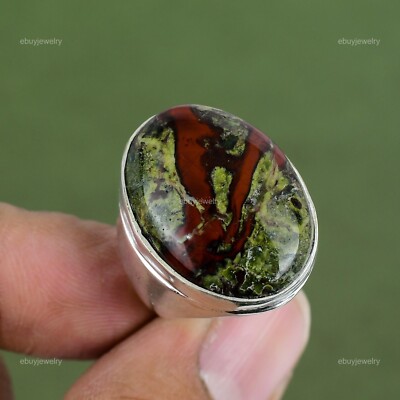 Oval Natural Dragon Bloodstone Statement Stackable Promise Ring Sterling Silver
