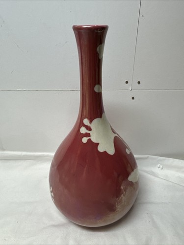 Dark Pink Bud Vase W/ White Floral Design Iridescent Luster Ceramic 9.5” Tall - Picture 2 of 9