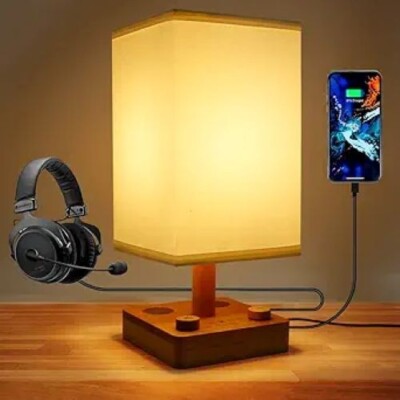 Lexenic Solid Wood LED Bedside Lamp with White Noise Machine,Nightstand Lamp wit