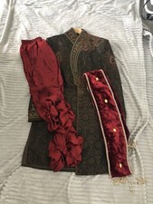 Men  s Sherwani - Dark Green, Gold  Red