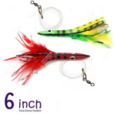 4pcs 6" Fishing Tuna Clone Feather Head Rigged Trolling lure Bait Red Green NEW