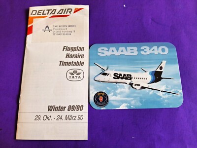 DELTA Air Transport SAAB340 Timetable October 29 1990 plus a SAAB340 Sticker