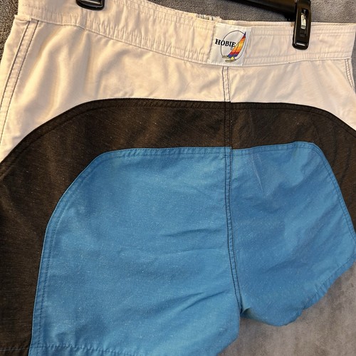 HOBIE Vintage 1980s Lined Blue Black White Surf Shorts Hook & Loop USA 36Wx5L - Picture 10 of 12