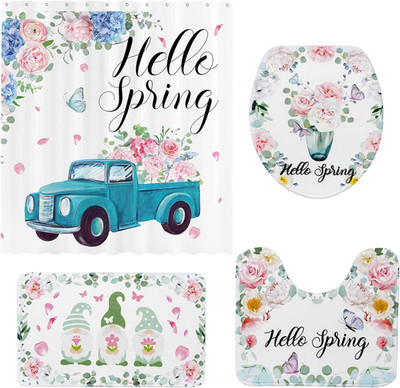 4 Pcs Hello Spring Truck Shower Curtain Bathroom Set Easter Spring Floral Shower