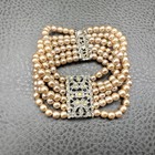 Vintage Multi Strand Faux Pearl Bracelet Art Deco Crystal Rhinestone Bar Detail