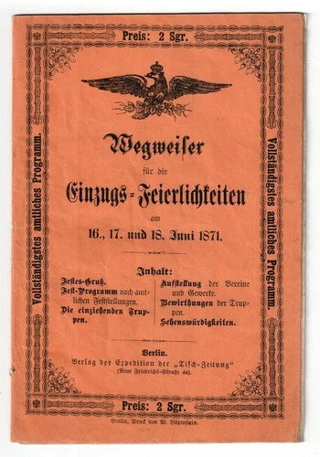 R! Original program booklet for the move-in celebration, victory celebration Berlin 1871