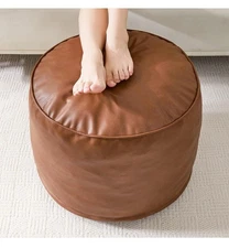Round Pouf Ottoman, Pu Leather Poufs with Foam Chunk Filling, Furry and Fluff
