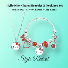 Hello Kitty Charm Bracelet  Necklace Set Red Hearts Kawaii Jewelry BNIP Gift