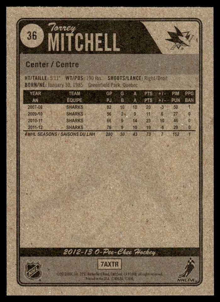 2012-13 O-Pee-Chee Red Torrey Mitchell San Jose Sharks #36 - Image 2 of 2