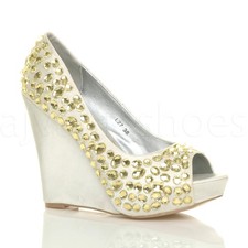 WOMENS LADIES PROM EMBELLISHED GEMS HIGH HEEL WEDGE SANDALS PEEP TOE SHOES SIZE