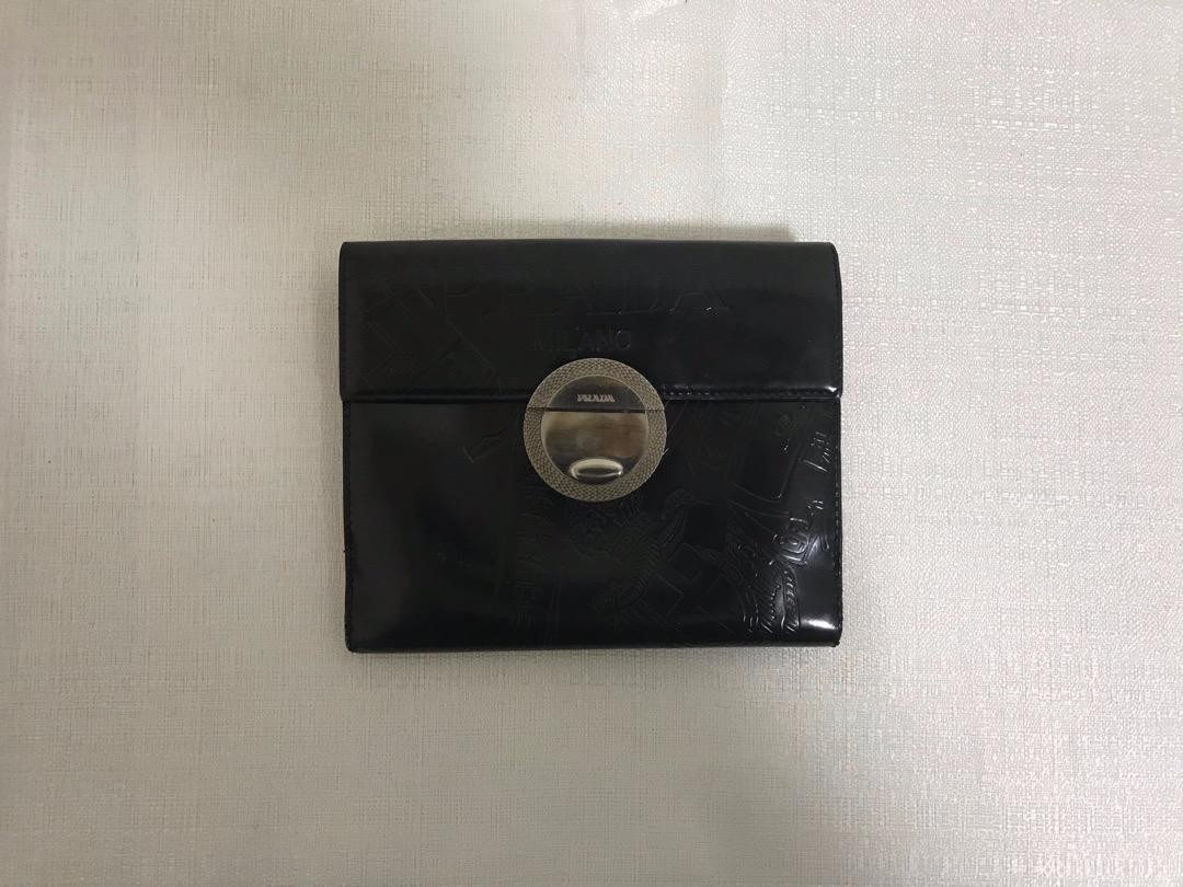PRADA  Leather Patent Leather Embossed  Bi fold Wallet Black