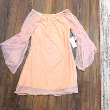 Live 4 Truth Pink Solid Lace Sheer Layered Maxi Dress M Bell Long Sleeve