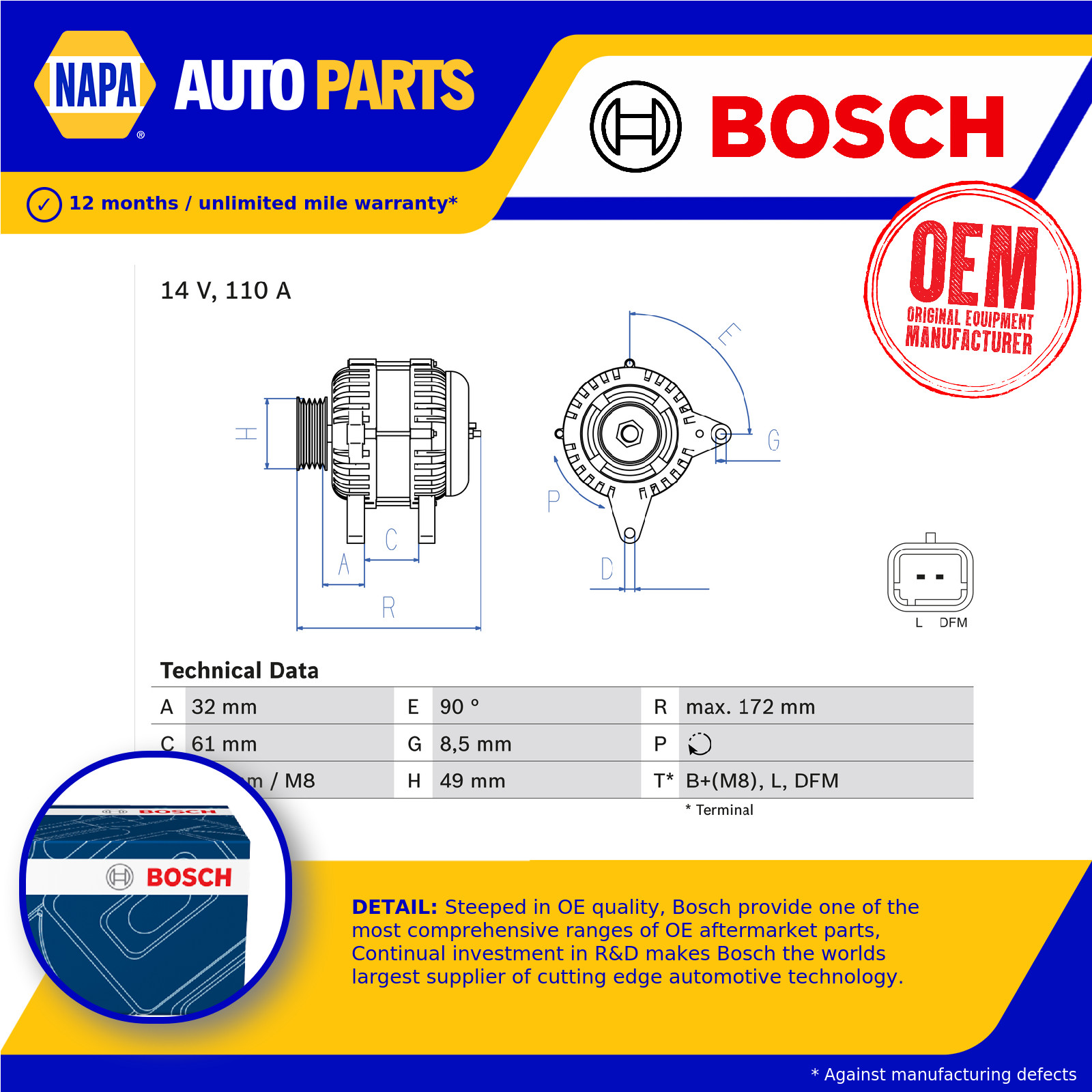 Alternator fits RENAULT MEGANE Mk2 1.9D 2002 on Bosch 7711135332 8200086161