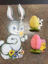 12 vintage Easter die cuts, jointed rabbit; 2 honeycomb tissue decorations, more