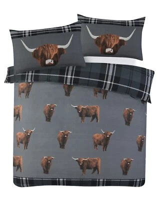 Highland Cow Bedding Set Reversible Duvet Cover Grey Tartan Check