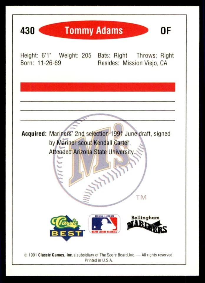 1991 Classic Best Minor League Tommy Adams Baseball Cards #430 - Image 2 of 2