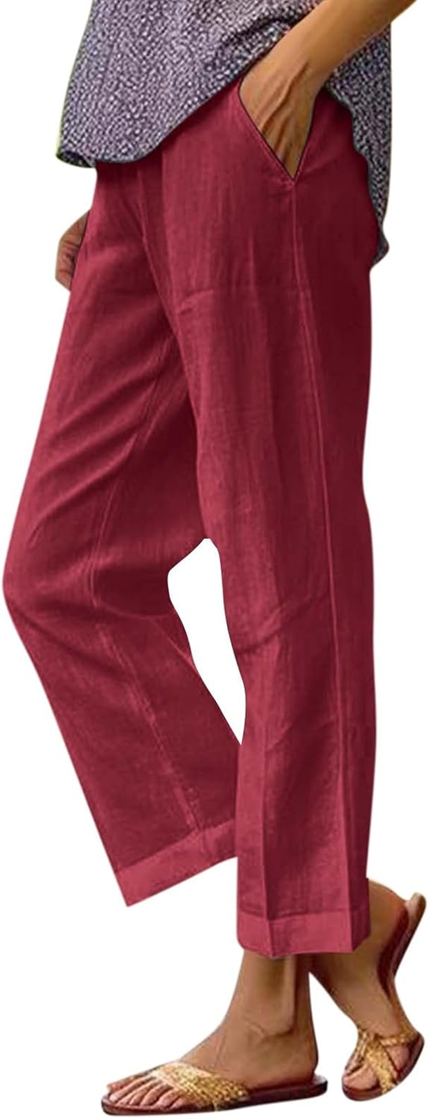 Womens Casual Linen Pants with Elastic Waistband Lightweight Pants 3XL