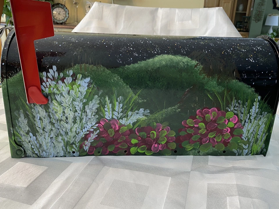 Hanpainted Mailbox Starry Night Country Sky With Barn Mountains And Pink Flowers - Image 3 of 4