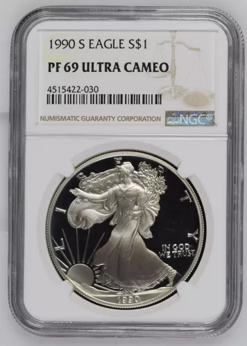 1990-S $1 Silver Eagle PF-69 Ultra Cameo NGC Brown Label