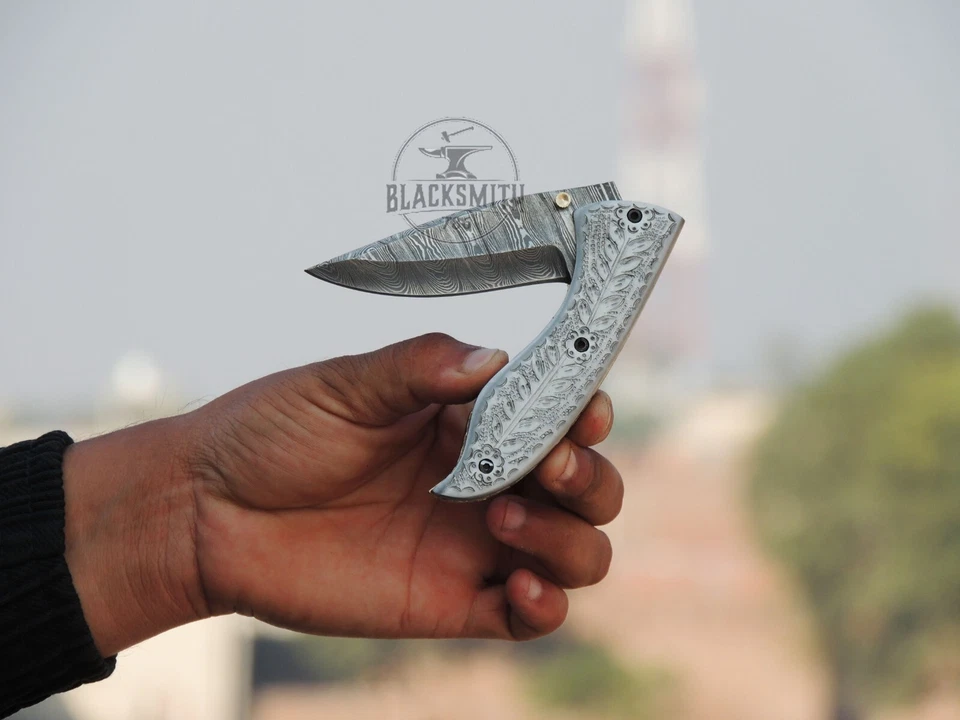 Folding Pocket Knife 8.5" Custom Handmade Engraved Folding Knife With Sheath  - Image 4 of 4