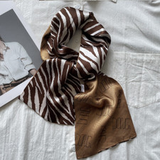 pure 100 Silk 12 Momme Brown stripe Print Scarf Double-Layer Ribbon 145X16cm
