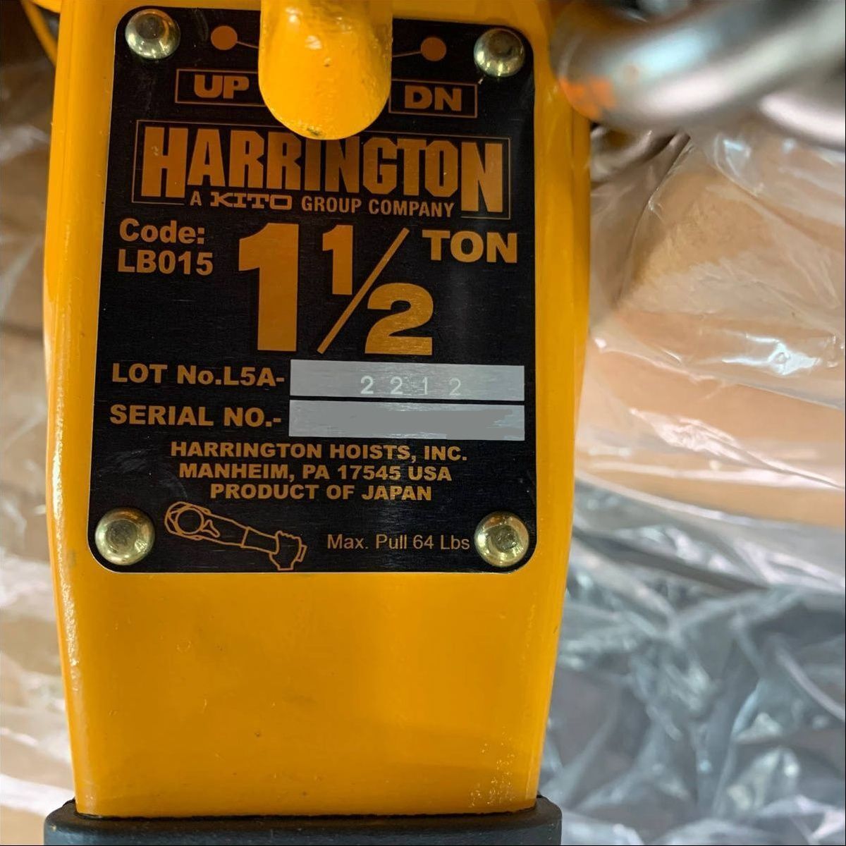 HARRINGTON HOISTS LB01510 Lever Chain Hoist Lifting Capacity 1.5 TON