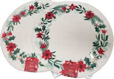 Set of 2 Same Round Braided Placemats(15")CHRISTMAS POINSETIA FLOWERS WREATH,SNS